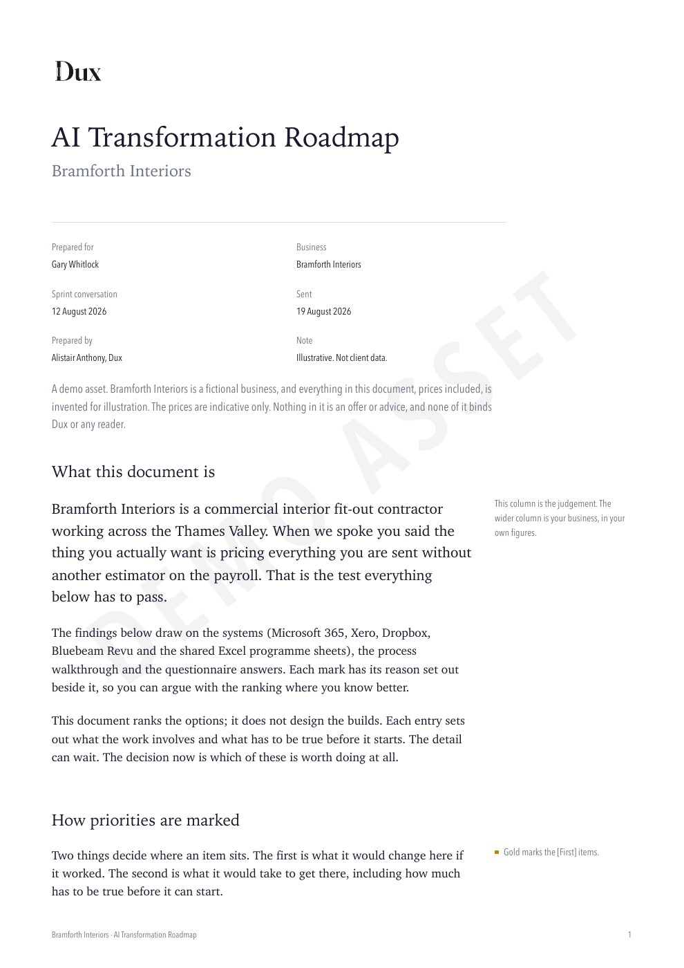 First page of the Bramforth example Roadmap, introducing the fictional business and explaining how to read the recommendations.