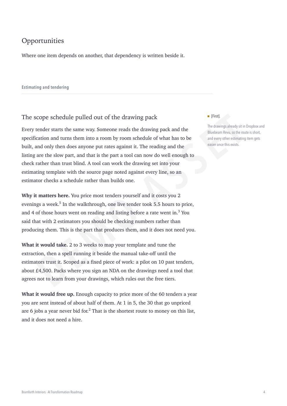Page four of the example Roadmap: the recommendation to extract a scope schedule from a tender drawing pack, with the reasoning beside it.